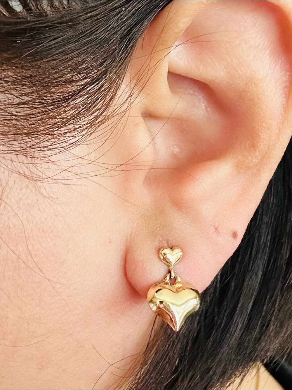 18K Gold Puffy Double Heart Dangle Earrings | 5mm & 11mm Hearts
